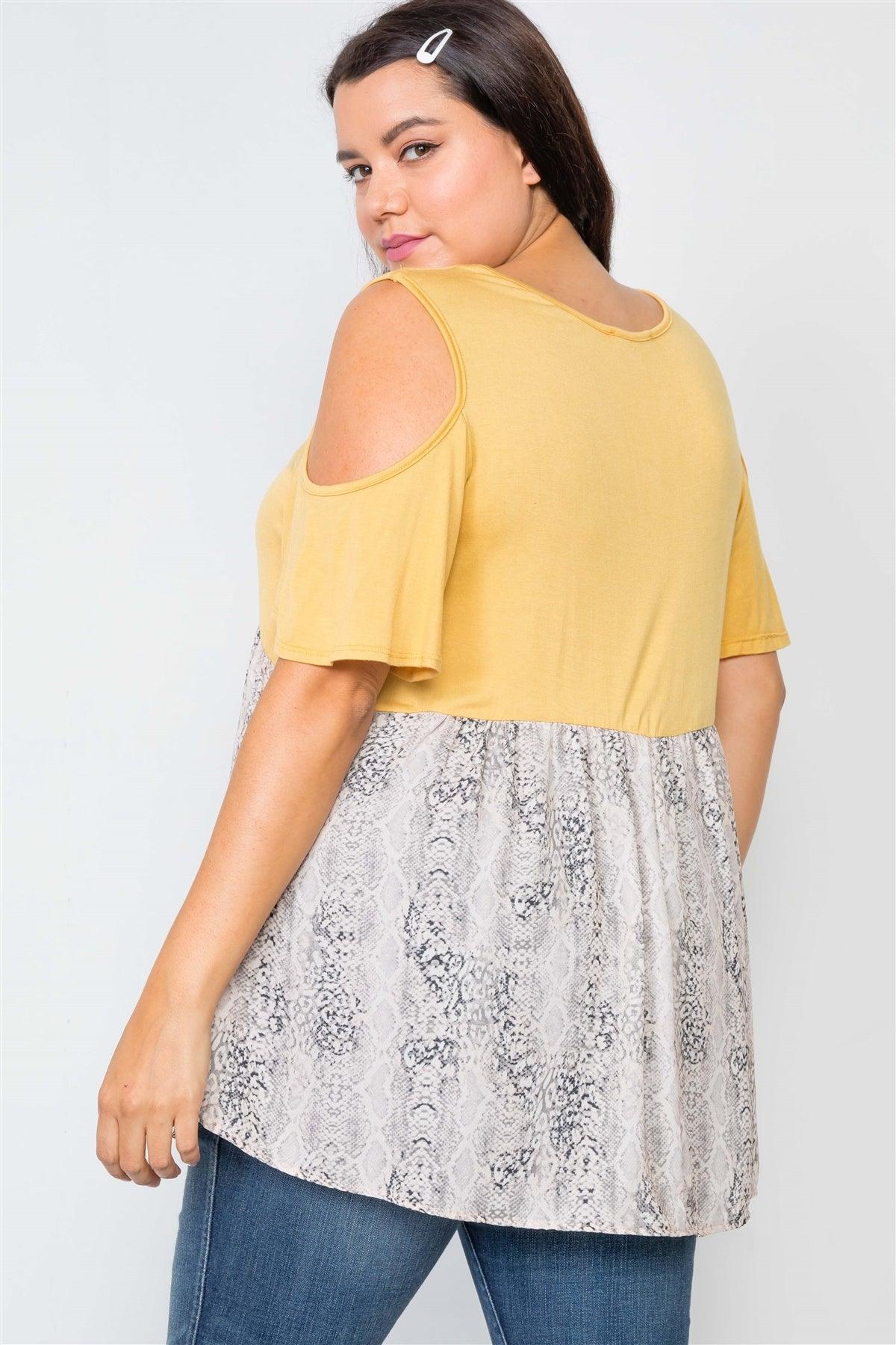 Plus Size Mustard Combo Cold Shoulder Top /2-1-2