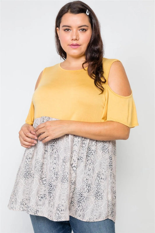 Plus Size Mustard Combo Cold Shoulder Top /2-2-2 - Tasha Apparel Wholesale