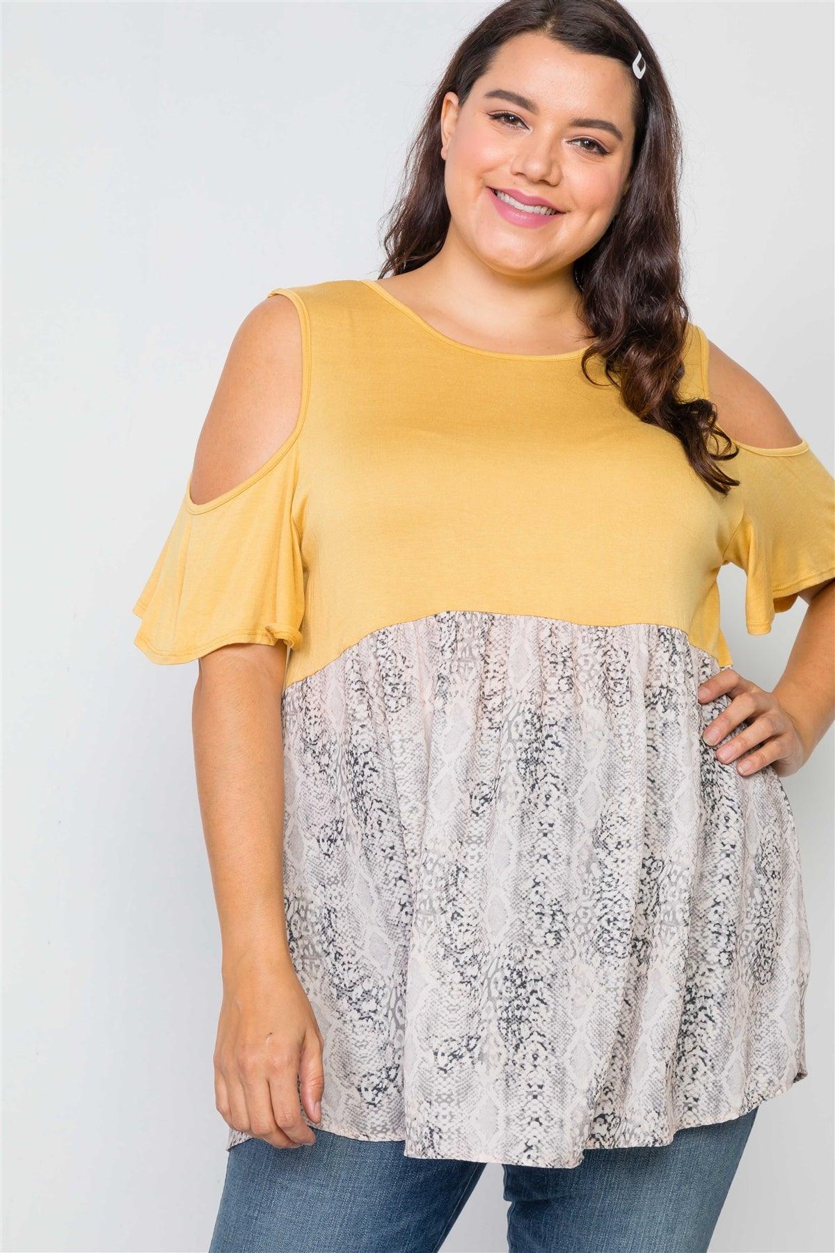 Plus Size Mustard Combo Cold Shoulder Top /2-2-2