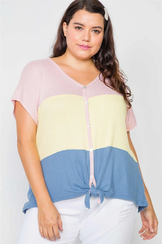 Plus Size Colorblock Button-Front Short Sleeve Top /2-2-2 - Tasha Apparel Wholesale