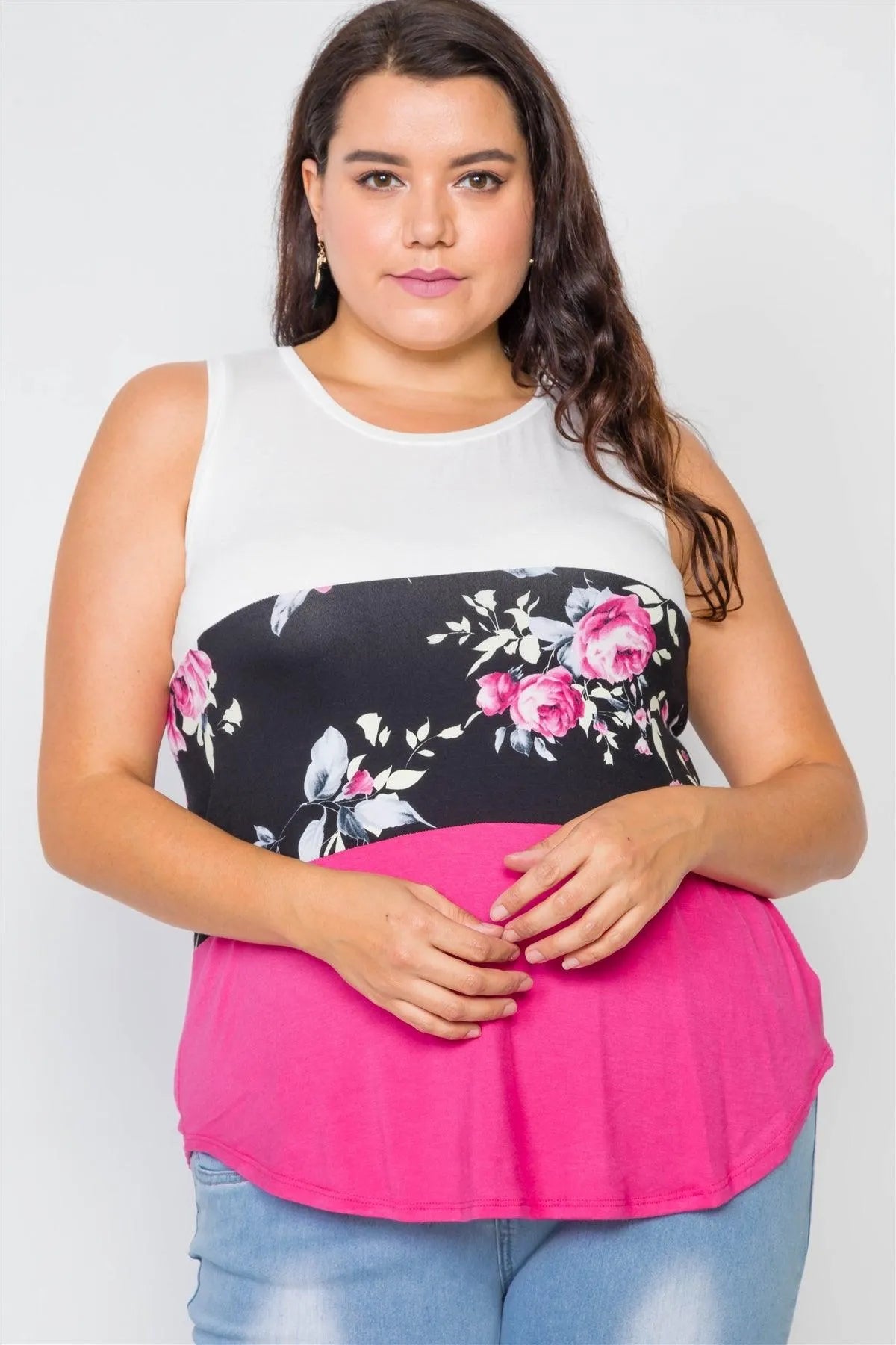 Plus Size Colorblock Floral Print Sleeveless Top /2-2-2 - Tasha Apparel Wholesale