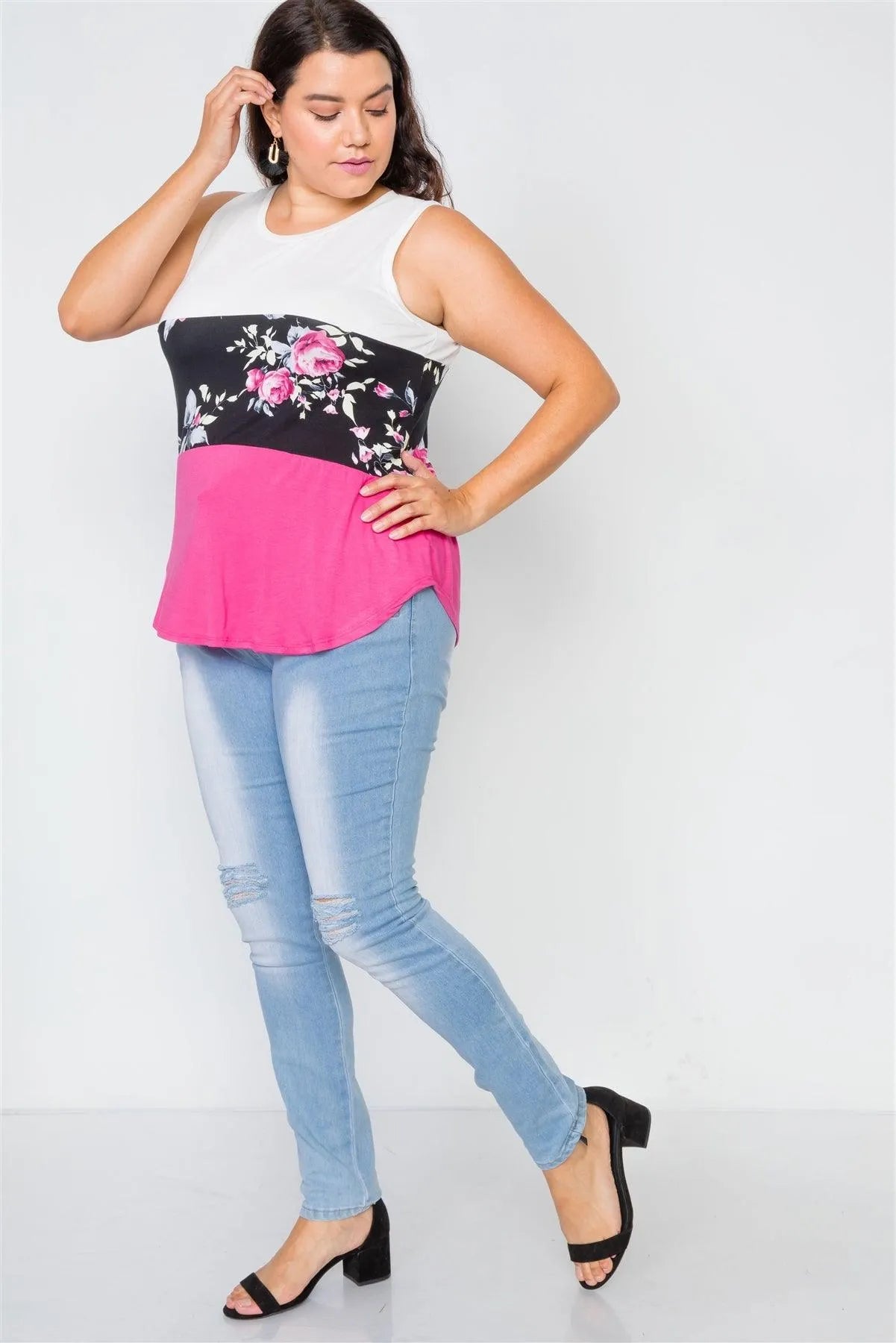 Plus Size Colorblock Floral Print Sleeveless Top /2-2-2 - Tasha Apparel Wholesale
