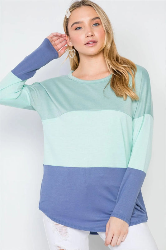 Multi Blue Colorblock Long Sleeve Sweater /2-2-2 - Tasha Apparel Wholesale