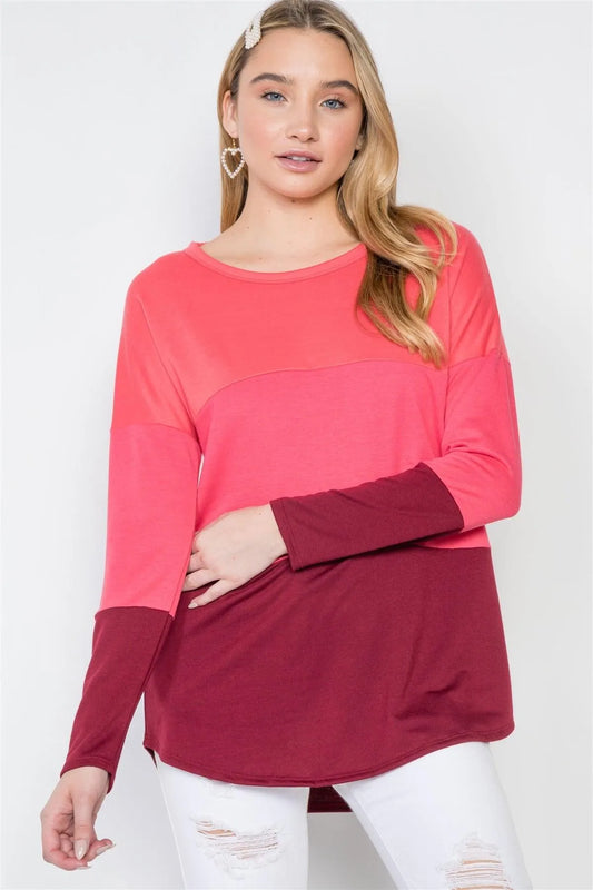 Coral Red Colorblock Long Sleeve Sweater /2-1-2 - Tasha Apparel Wholesale