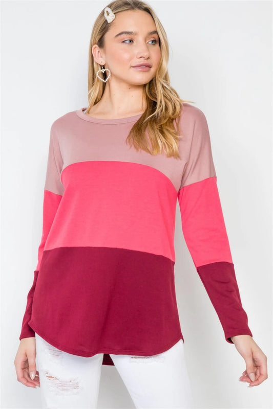 Mauve Coral Burgundy Colorblock Long Sleeve Sweater /2-2-2 - Tasha Apparel Wholesale