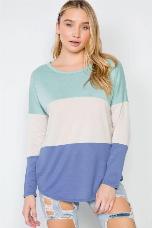 Mint Blue Colorblock Long Sleeve Sweater /2-2-2 - Tasha Apparel Wholesale