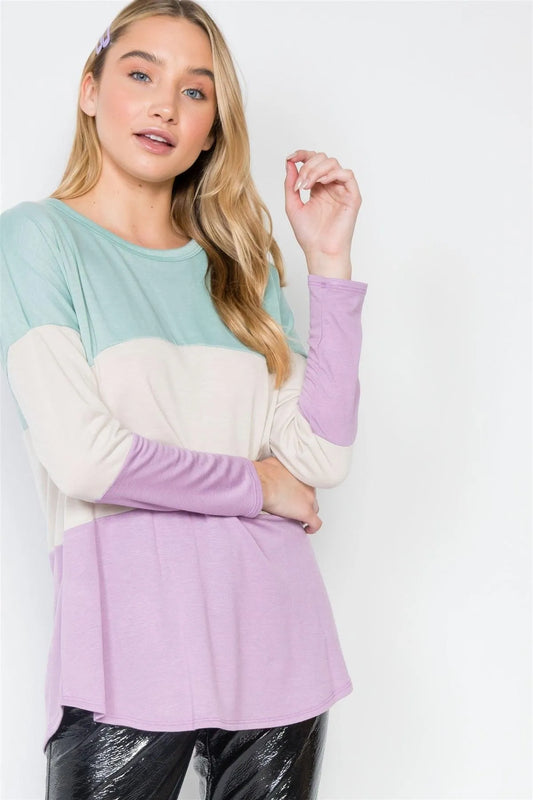 Mint Lavender Colorblock Long Sleeve Sweater /2-2-2 - Tasha Apparel Wholesale