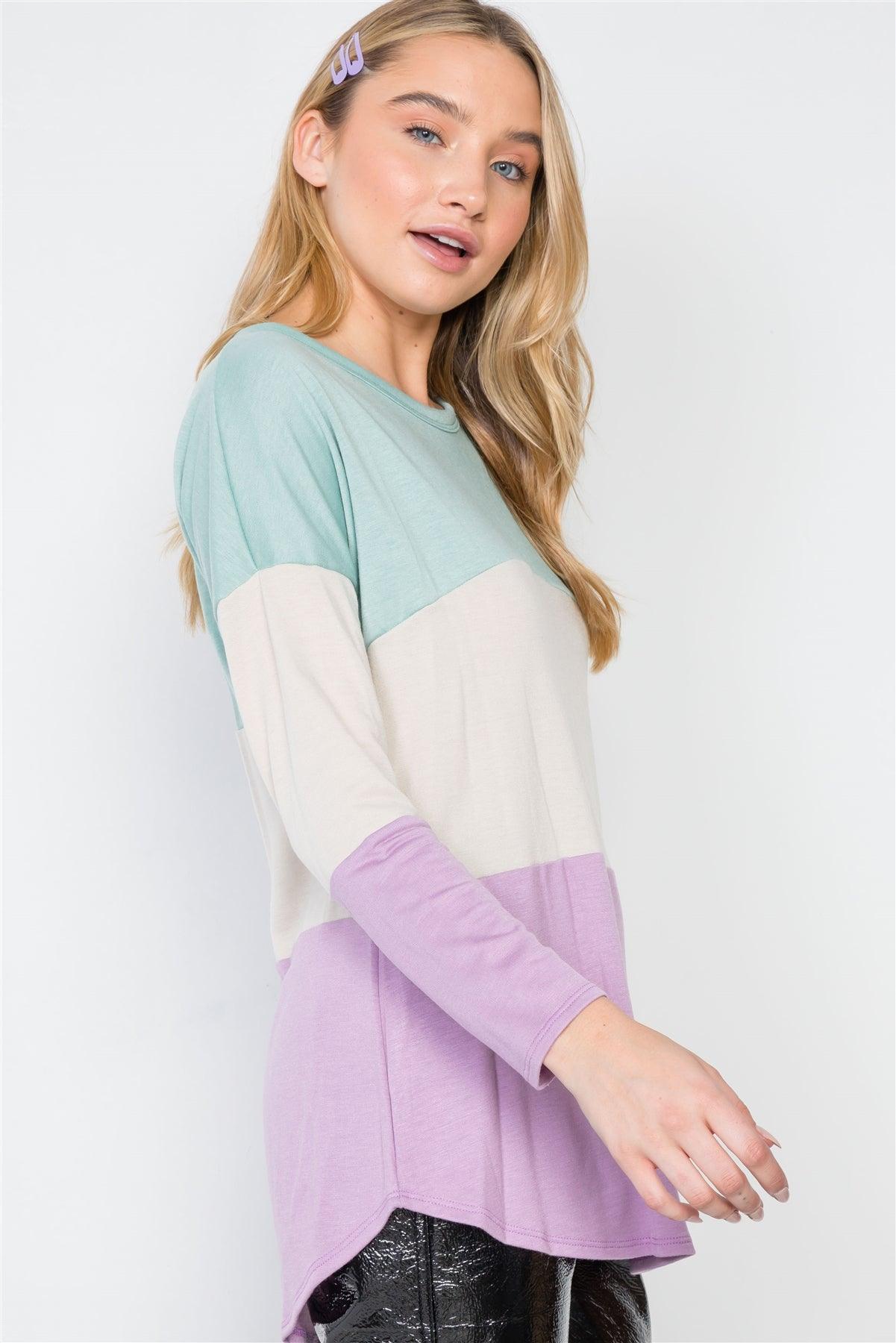Mint Lavender Colorblock Long Sleeve Sweater /2-2-2