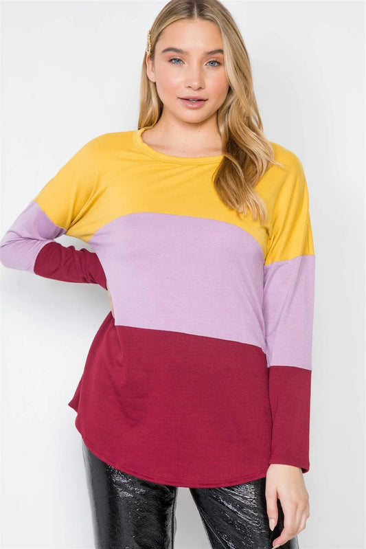 Mustard Lavender Red Colorblock Long Sleeve Sweater /2-2-2 - Tasha Apparel Wholesale