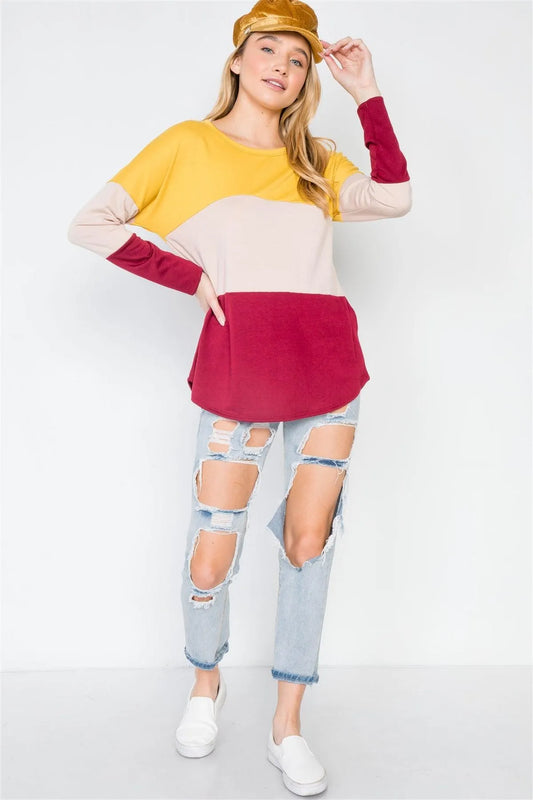 Mustard Red Colorblock Long Sleeve Sweater /2-2-1 - Tasha Apparel Wholesale