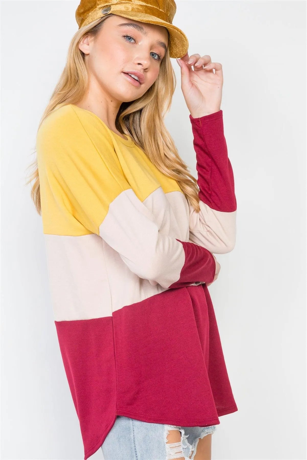 Mustard Red Colorblock Long Sleeve Sweater /2-2-1 - Tasha Apparel Wholesale