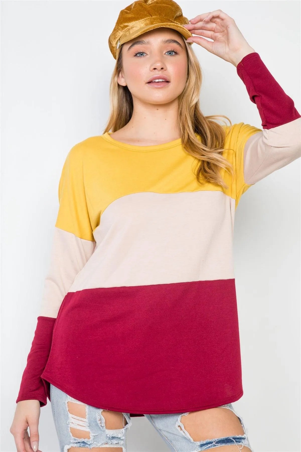 Mustard Red Colorblock Long Sleeve Sweater /2-2-1 - Tasha Apparel Wholesale