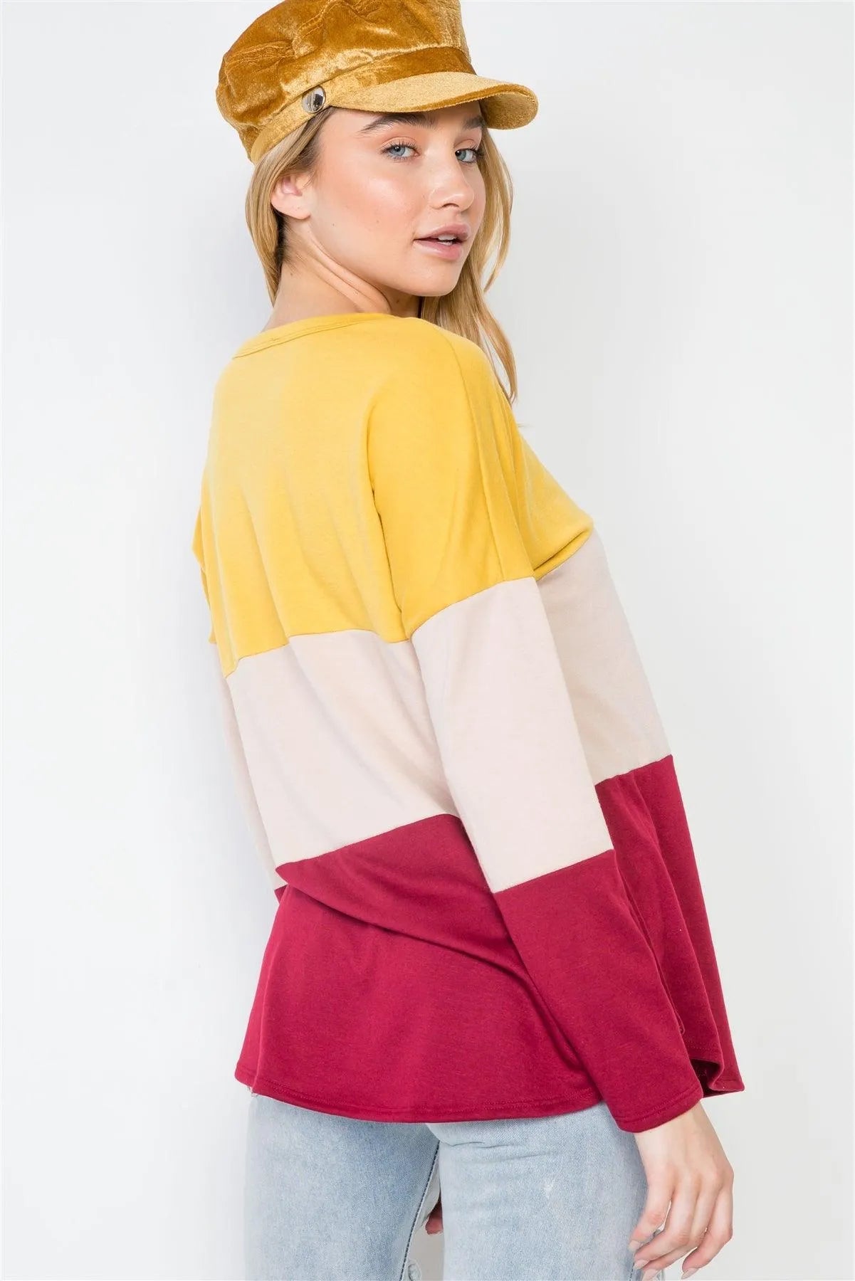 Mustard Red Colorblock Long Sleeve Sweater /2-2-1 - Tasha Apparel Wholesale