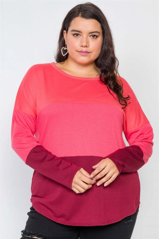 Plus Size Coral Burgundy Colorblock Soft Knit Top/2-2-2 - Tasha Apparel Wholesale