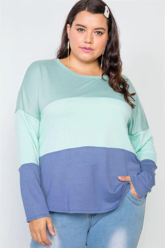 Junior Plus Size Green Mint Blue Colorblock Soft Knit Top /3-3 - Tasha Apparel Wholesale