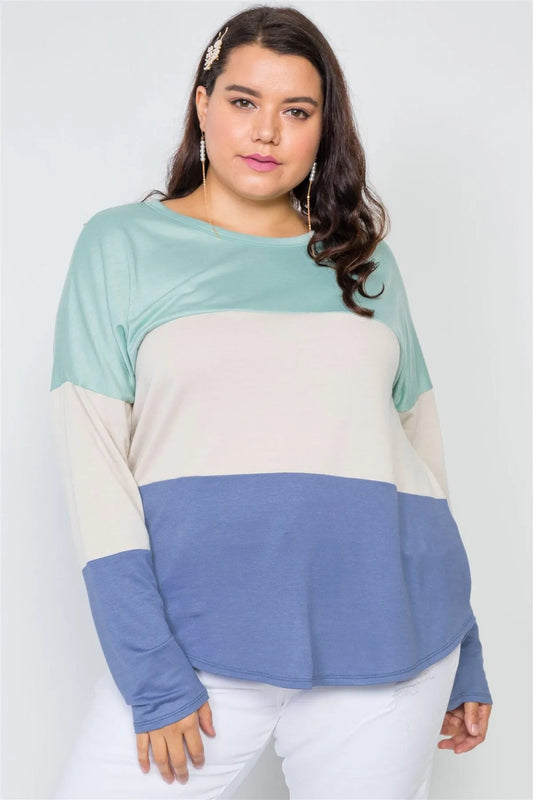 Junior Plus Size Green Sand Colorblock Soft Knit Top /2-2-2 - Tasha Apparel Wholesale