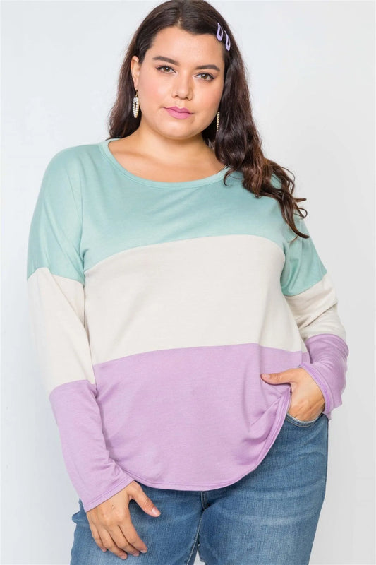 Plus Size Green Lavender Colorblock Soft Knit Top - Tasha Apparel Wholesale