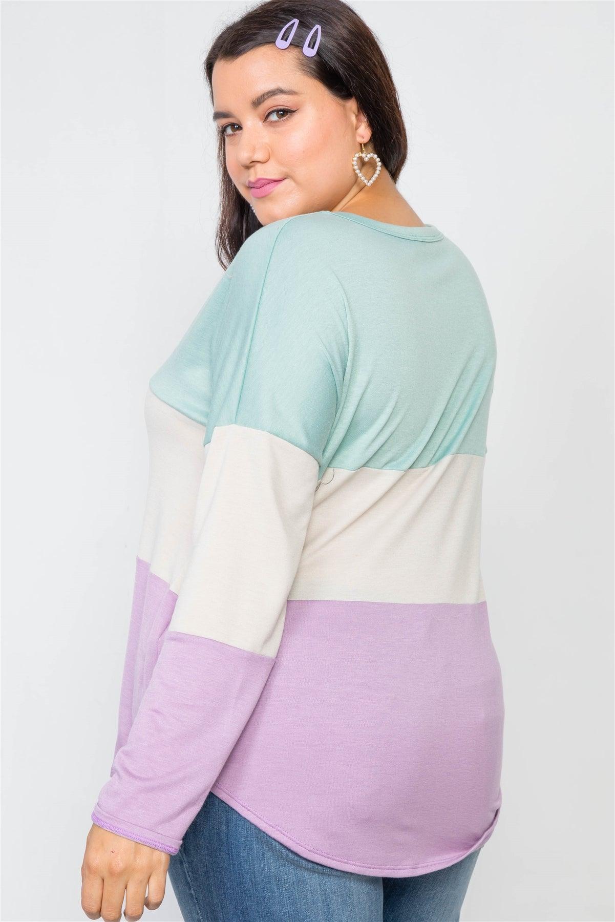 Plus Size Green Lavender Colorblock Soft Knit Top