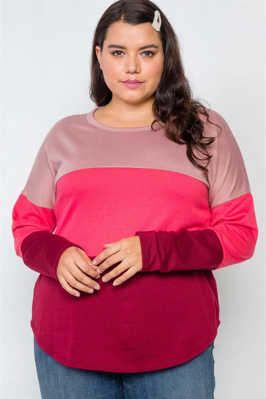 Plus Size Mauve Coral Burgundy Colorblock Soft Knit Top /2-2-2 - Tasha Apparel Wholesale