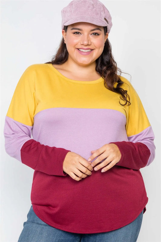 Plus Size Colorblock Long Sleeve Soft Knit Top /2-2-2 - Tasha Apparel Wholesale