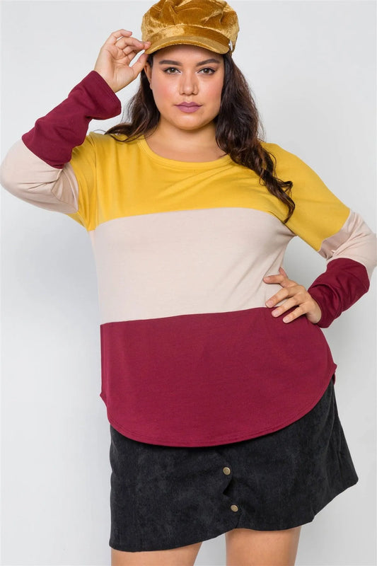 Plus Size Mustard Sand Burgundy Colorblock Soft Top /2-2-2 - Tasha Apparel Wholesale