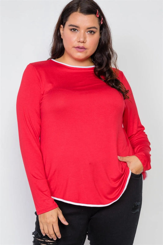 Plus Size Red Knit Long Sleeve Contrast Trim Top /2-2-2 - Tasha Apparel Wholesale