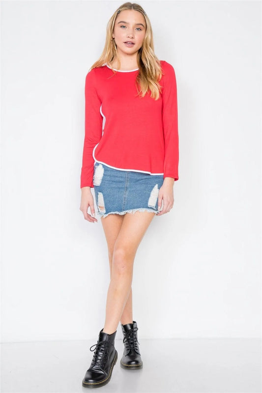 Red Knit Long Sleeve Contrast Trim Top - Tasha Apparel Wholesale