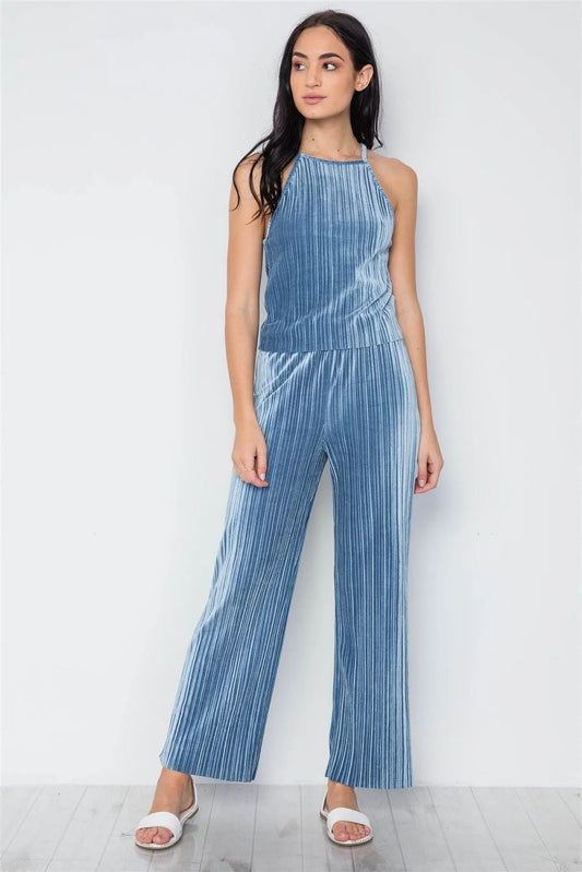 Blue Ribbed Velvet Crop Top And Pants Set /2-2-2 - Tasha Apparel Wholesale