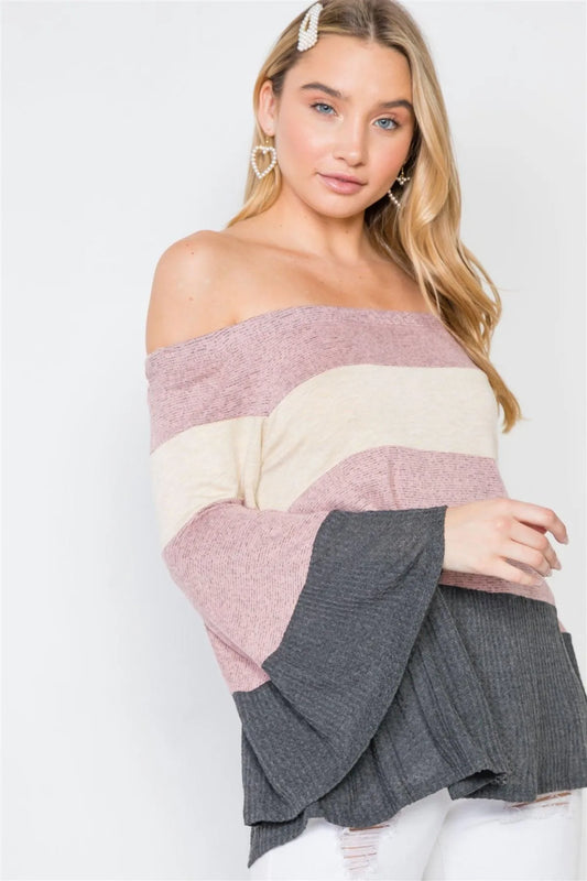 Multi Colorblock Off-The-Shoulder Knit Top /2-2-2 - Tasha Apparel Wholesale