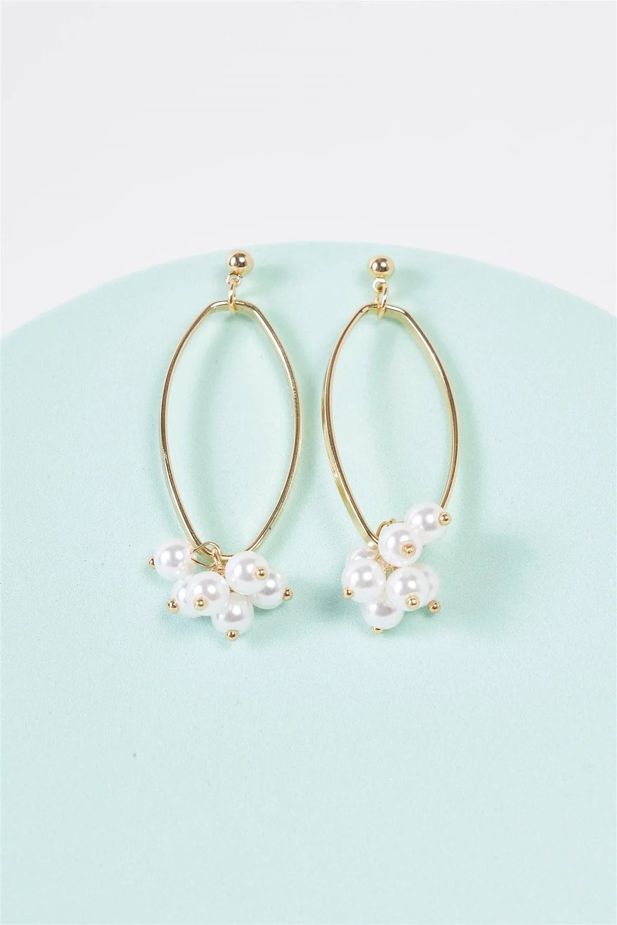 Gold Bunchberry Pearl Dangle Elliptic Hoop Earrings - Tasha Apparel Wholesale