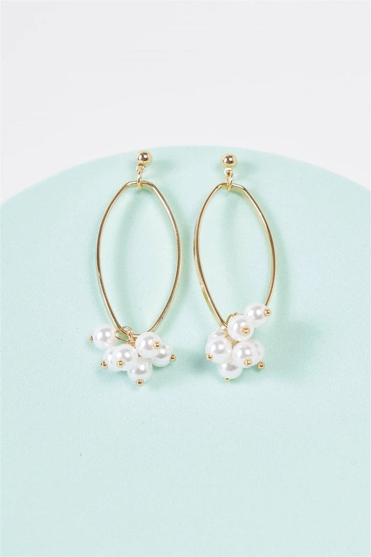 Gold Bunchberry Pearl Dangle Elliptic Hoop Earrings - Tasha Apparel Wholesale
