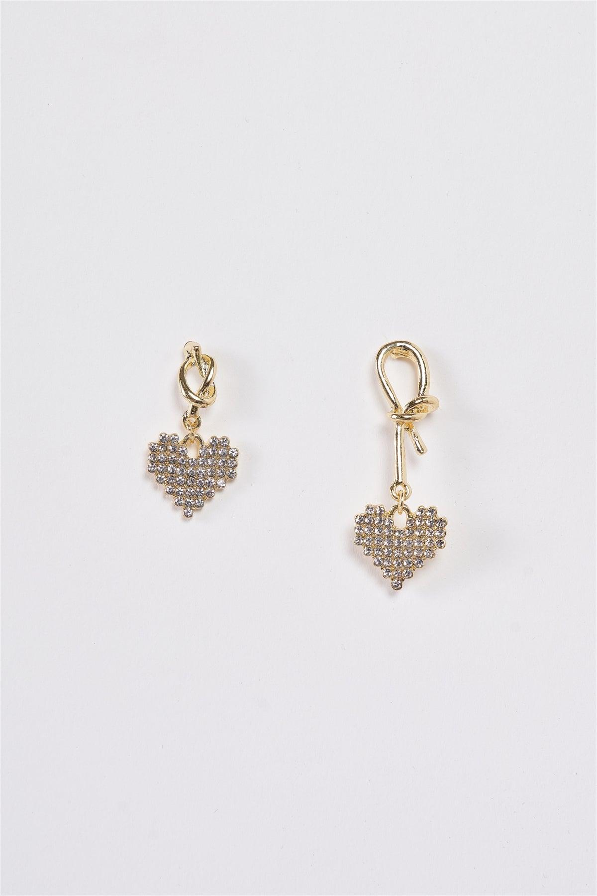 Tied By Your Love Asymmetrical Gold Rhinestone Incrusted Heart Shaped Dangle Earrings /3 Pairs