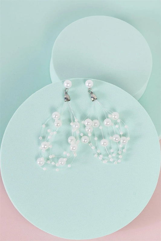 White Faux Pearl Chunky Lace String Layered Earrings - Tasha Apparel Wholesale