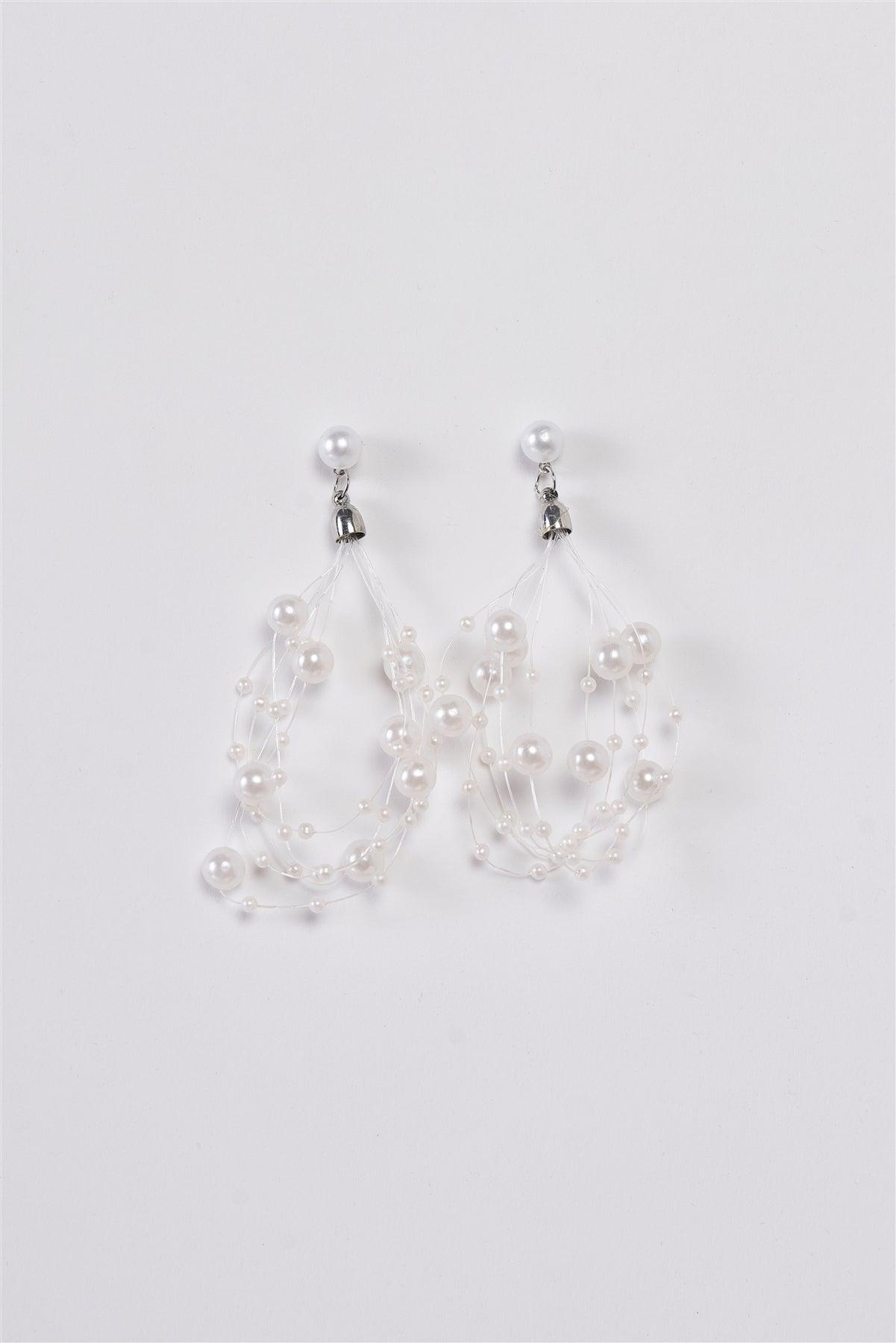 White Faux Pearl Chunky Lace String Layered Earrings /3 Pairs