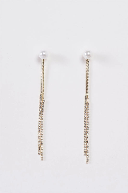 Gold Pearl Rhinestone Ear Jacket Tassel Drop Earrings - Tasha Apparel Wholesale