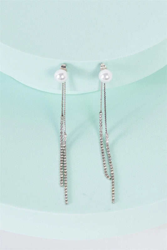 Silver Pearl Rhinestone Ear Jacket Tassel Drop Earrings - Tasha Apparel Wholesale