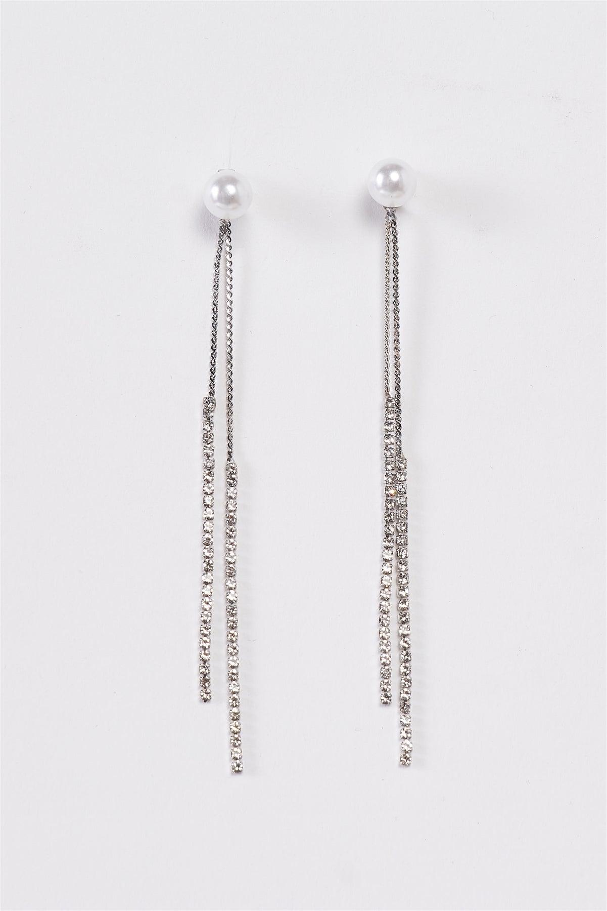Silver Faux Pearl Rhinestone Ear Jacket Tassel Drop Earrings / 3 Pairs