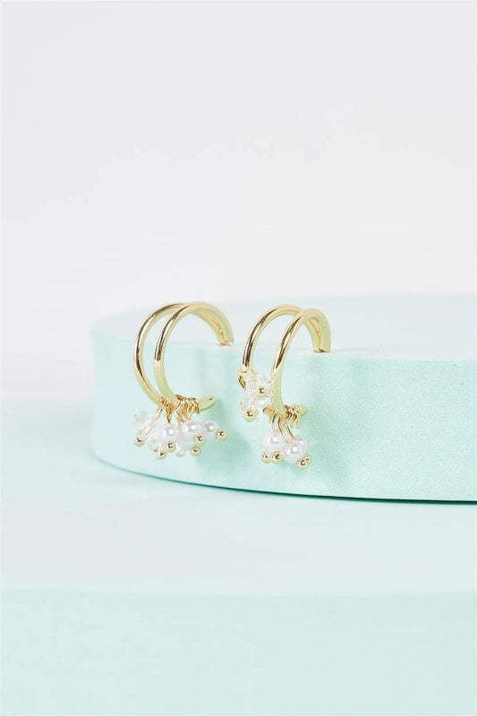 Yellow Gold Multi Pearl Detail Open Round Hoop Earrings - Tasha Apparel Wholesale
