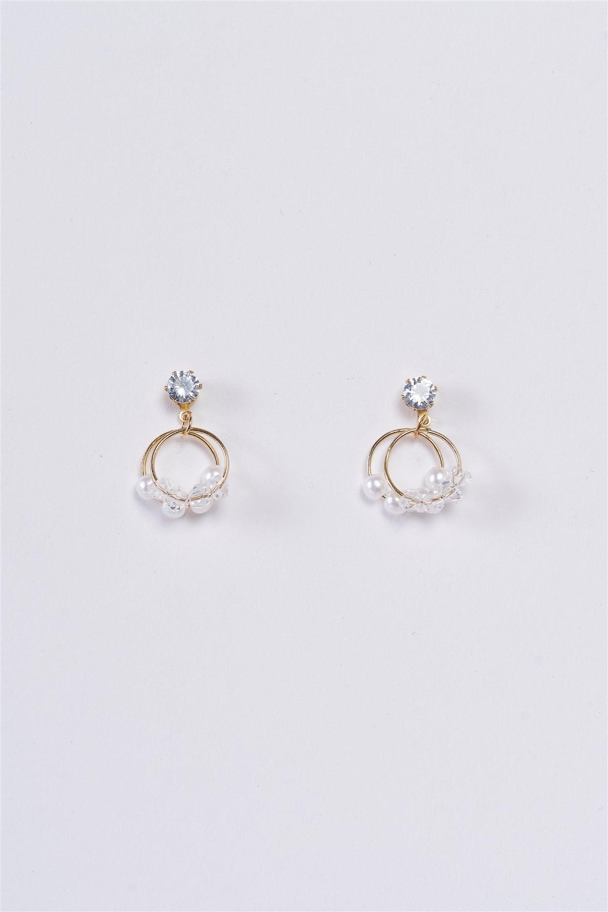 Gold & Pearl Faux Diamond Double Circles With Pearls And Clear Stones Drop Earrings /3 Pairs