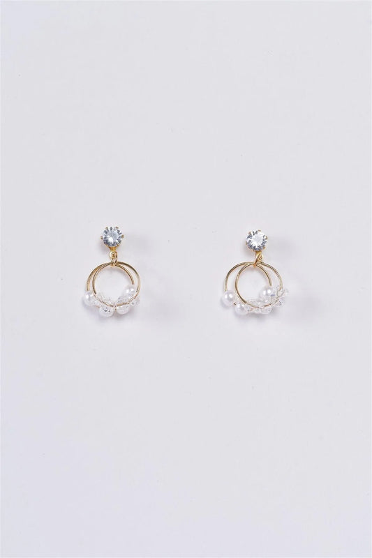 Gold Pearl Diamond Double Circles Drop Earrings - Tasha Apparel Wholesale