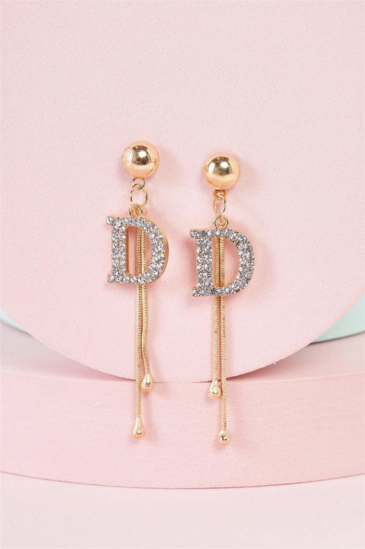 Gold & Rhinestone "D" Accent Double Wire Drop Earrings - Tasha Apparel Wholesale