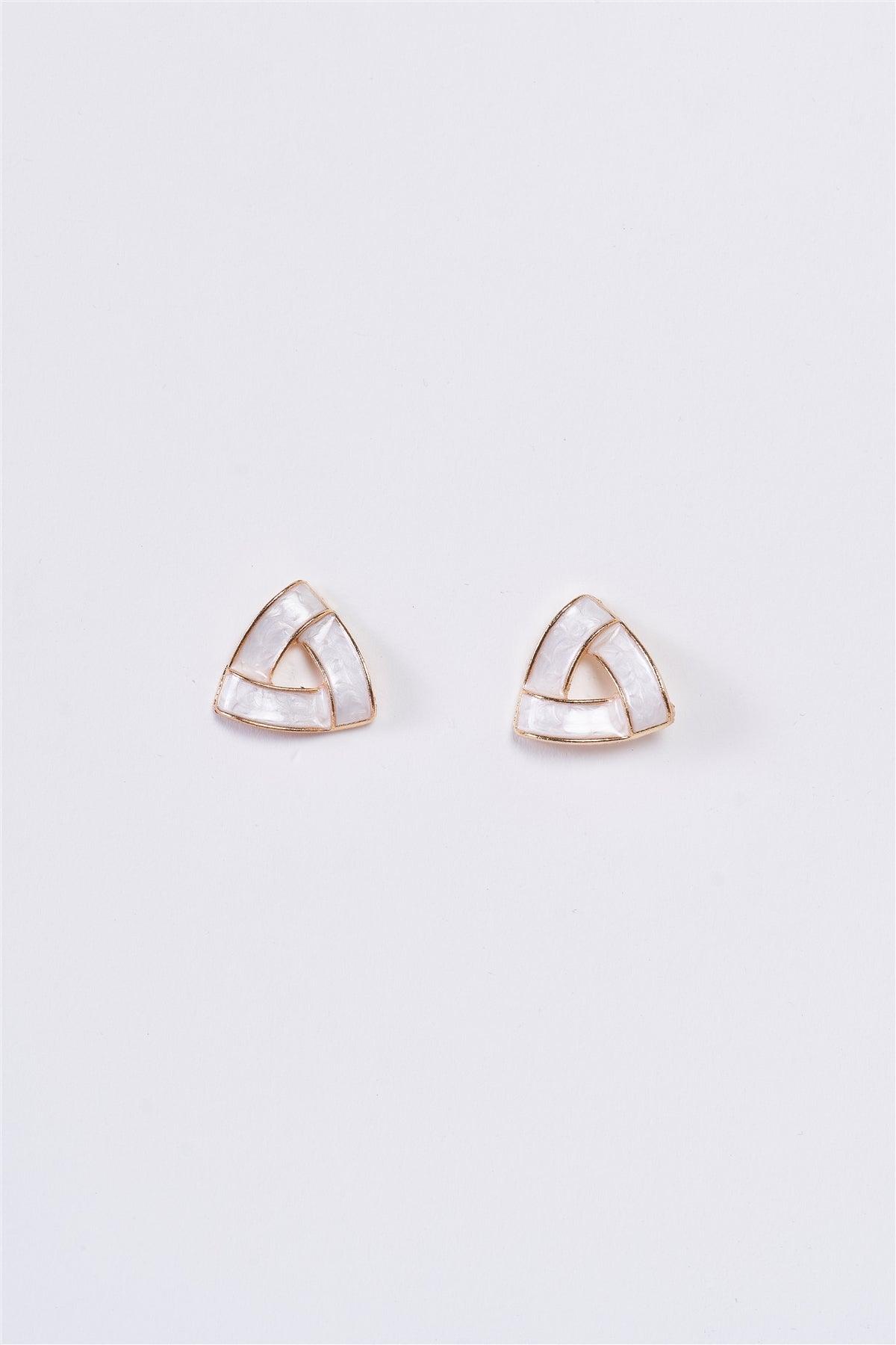 Penrose Triangle Shaped Pearl & Gold Stud Earrings /3 Pairs