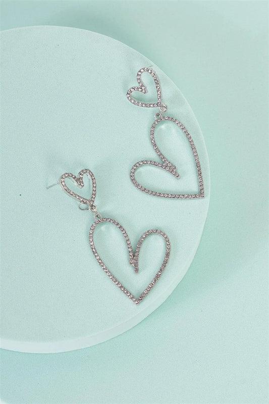 Silver Rhinestone Two Hearts Long Drop Earrings /3 Pairs - Tasha Apparel Wholesale
