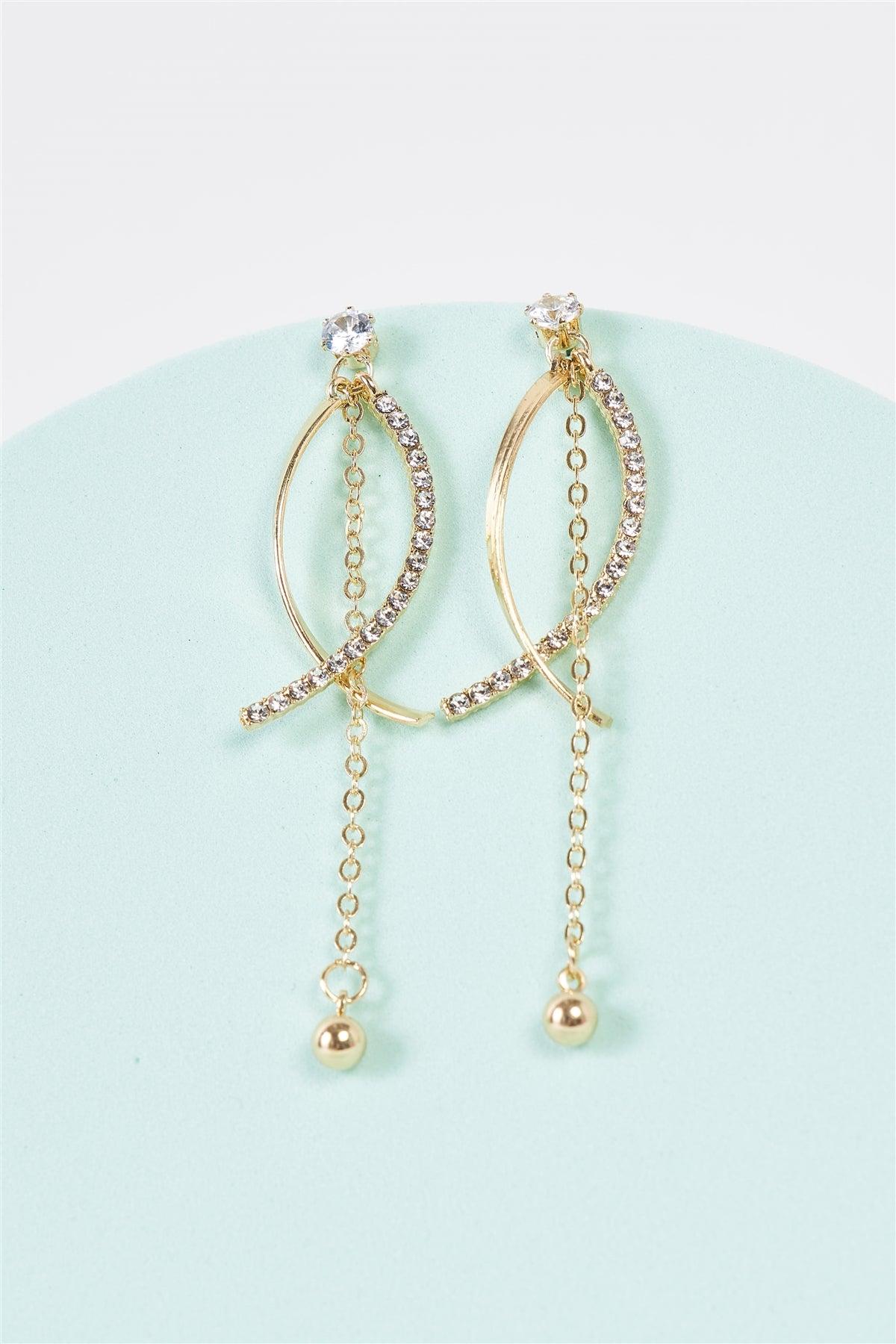 Gold & Rhinestone Long Dangle Spiral Drop Earrings /3 Pairs