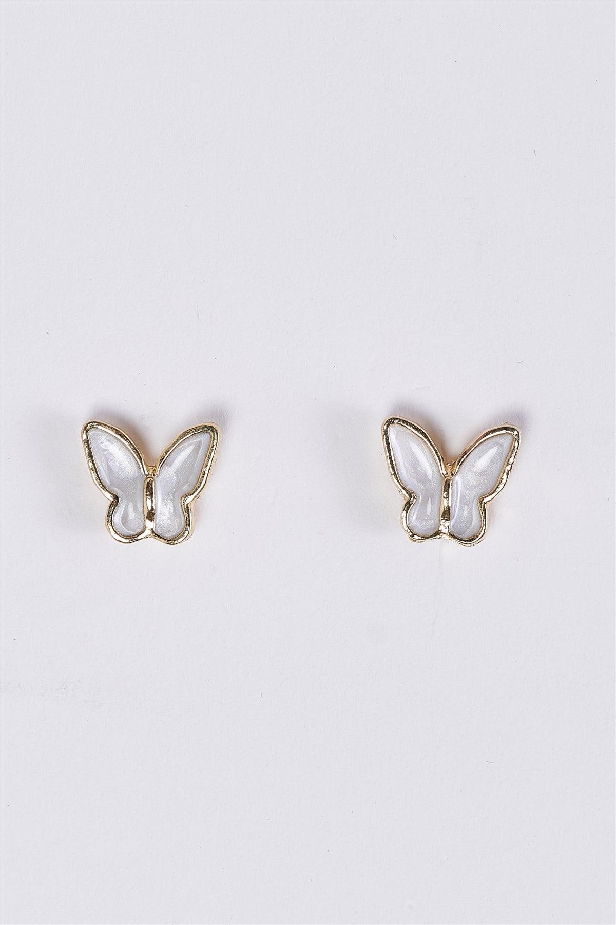Gold & White Butterfly Shaped Stud Earrings /3 Pairs