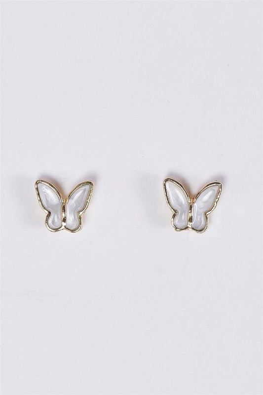 Gold & White Butterfly Shaped Stud Earrings /3 Pairs - Tasha Apparel Wholesale