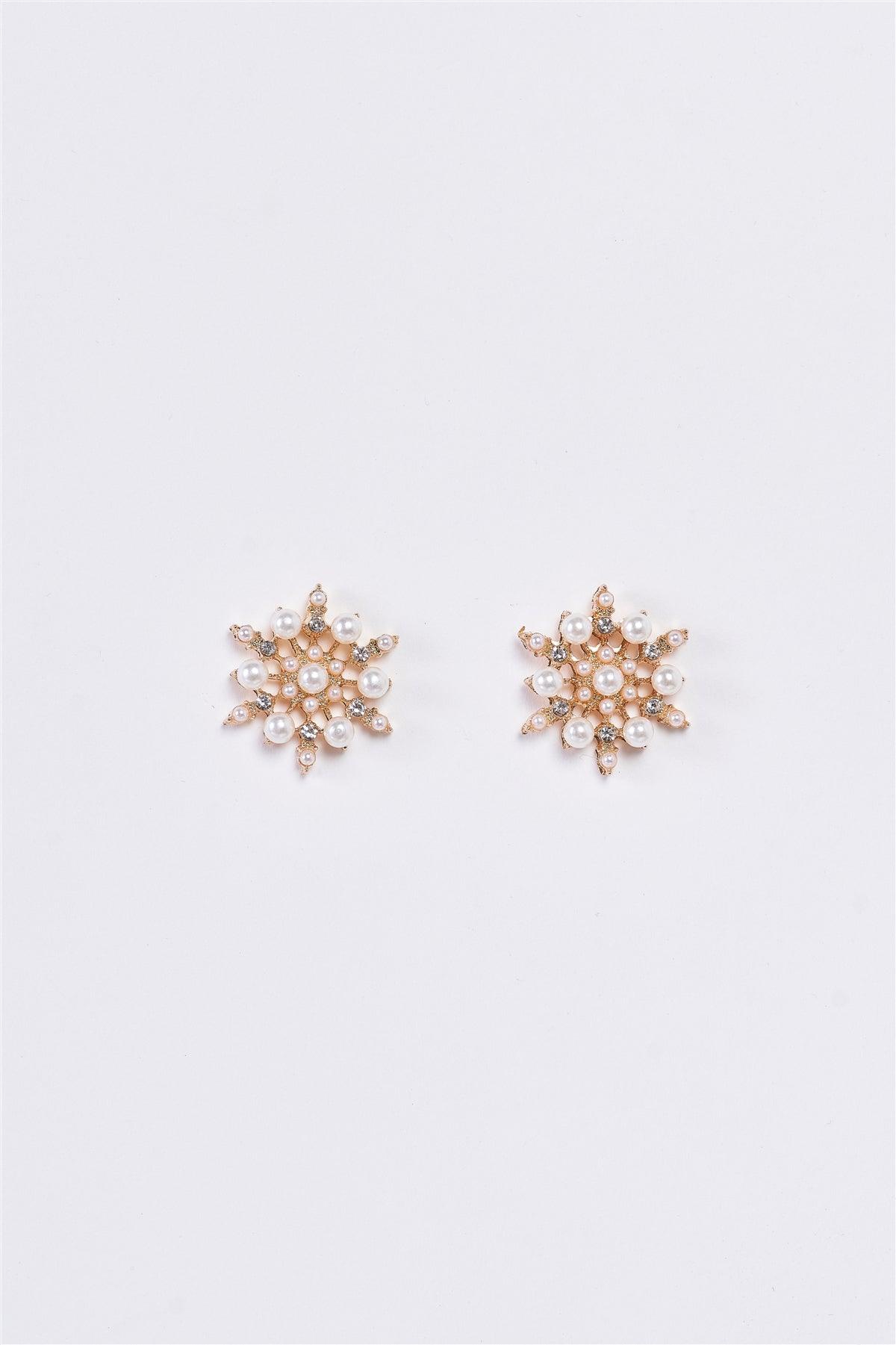 Gold & Pearl Snowflake Stud Earrings /3 Pairs