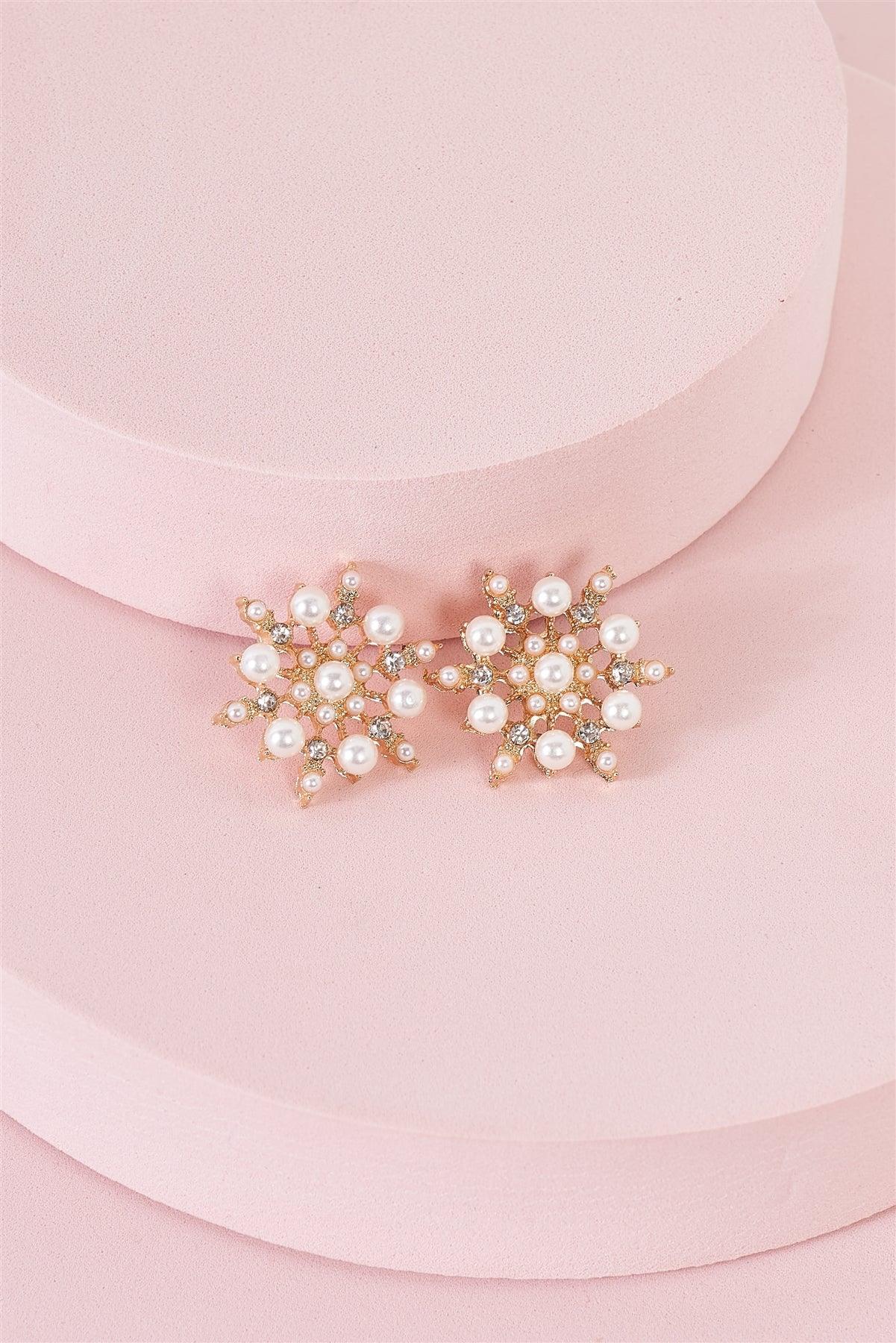 Gold & Pearl Snowflake Stud Earrings /3 Pairs