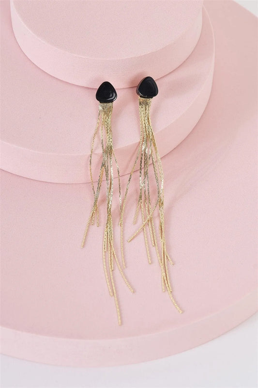 Gold & Black Soft Triangle Stone Tassel Long Drop Earrings - Tasha Apparel Wholesale