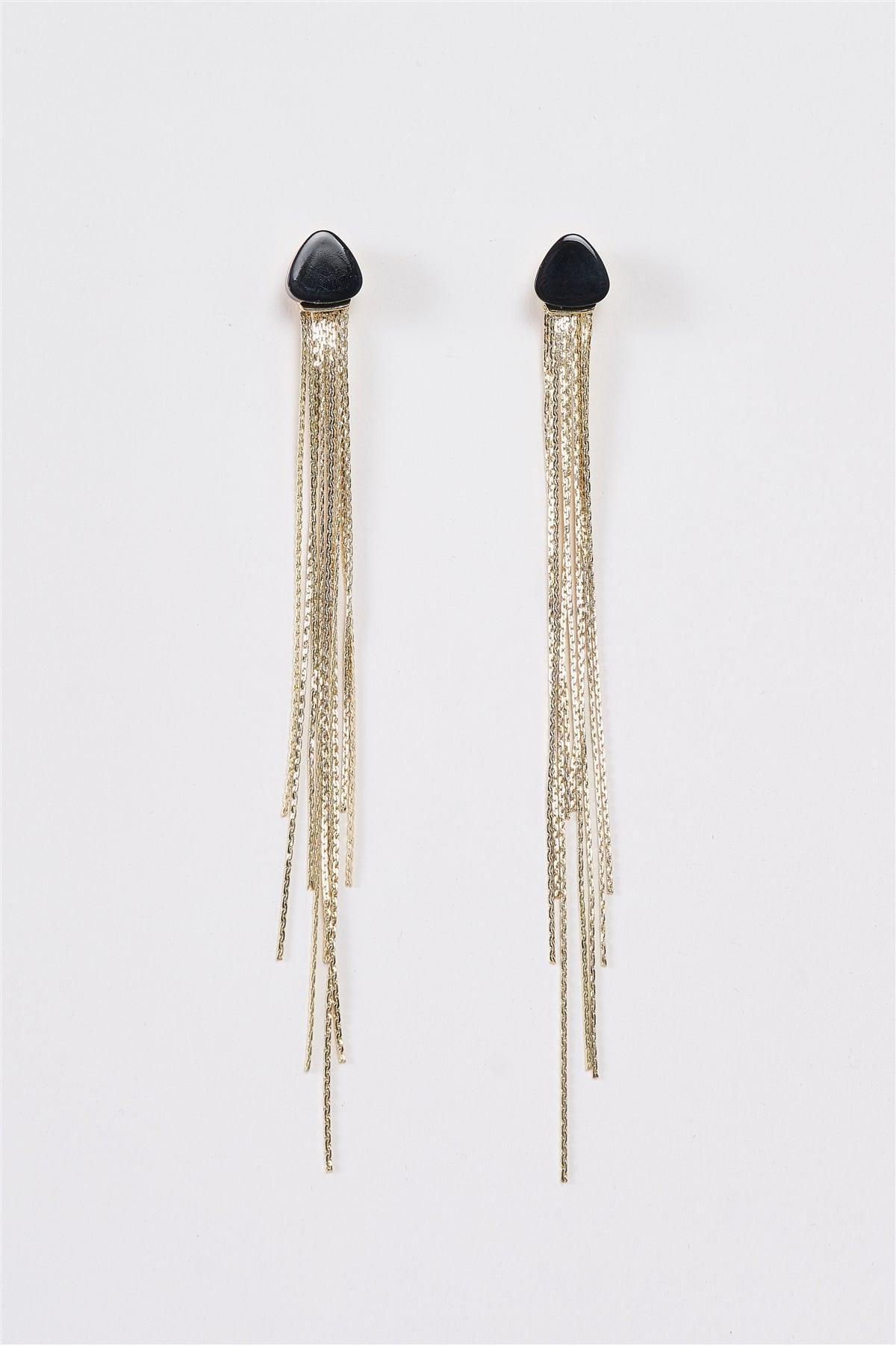 Gold & Black Soft Triangle Stone Tassel Long Drop Earrings /3 Pieces